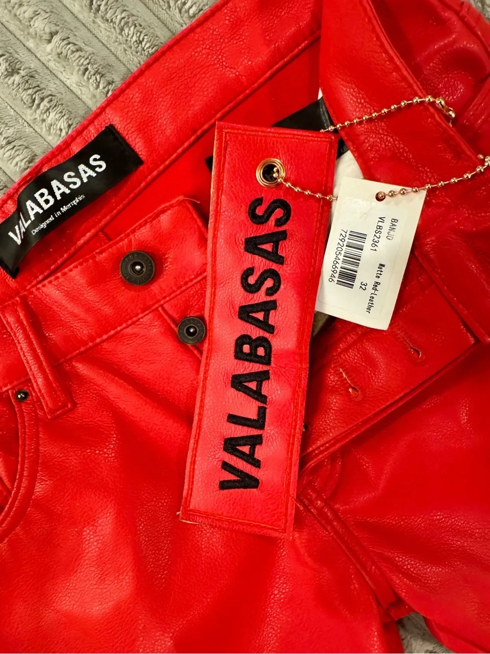 VALABASAS Red Faux Leather Cargo Flare Pants